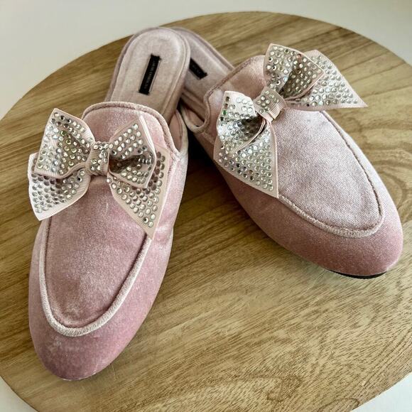 VS Y2K Pink Velour Velvet Bow Sequin Embellished Almond Toe Mules - 7 - Picture 1 of 10
